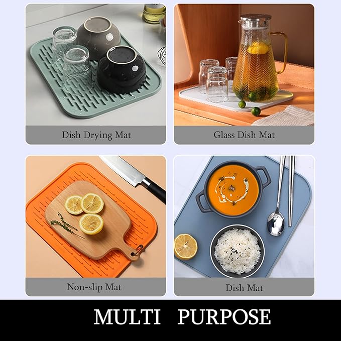 Small Dish Drying Mat, Silicone Dish Mats for Kitchen Countertop, 11.5"x9.1", for Rack Over the Sink, Pots, Pans, Glassware, Silverware, Stemware, Car Center Cap, Dishwasher safe, Reusable