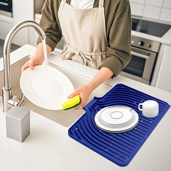 Dish Drying Mat for Kitchen Counter, with Built-in Drain Lip, Food-Grade Silicone, Easy Clean Pad for Countertop Protection, Multi-Functional Use (18x11.8, Midnight Blue)