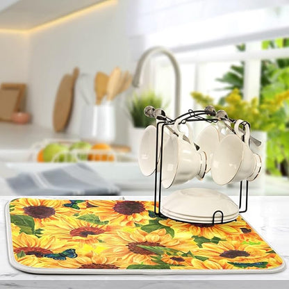 Super Absorbent Dish Drying Mat, Microfiber Fast-Drying Dish Mat, 16" x 18", Kitchen Dish Drying Pad, Sunflowers And Green Blue Butterflies