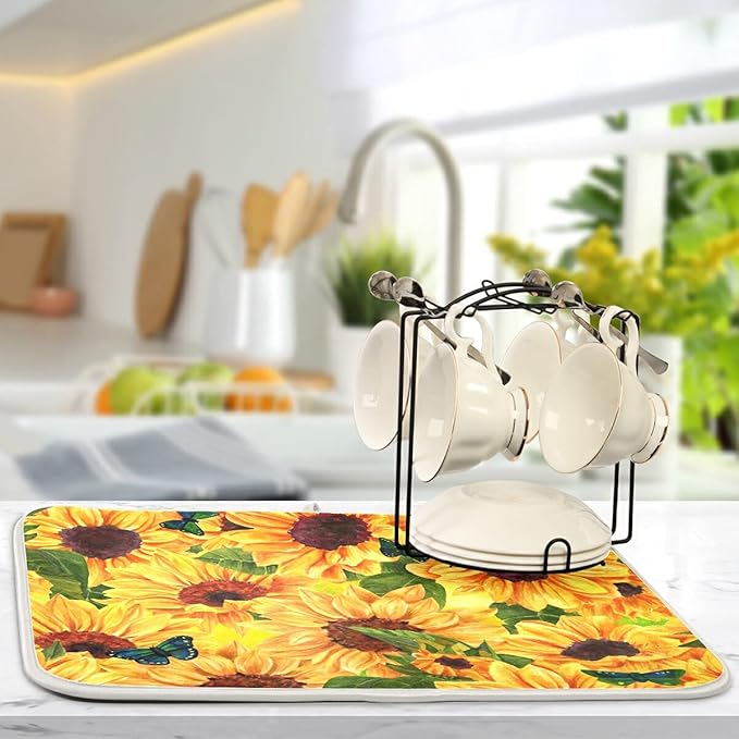 Super Absorbent Dish Drying Mat, Microfiber Fast-Drying Dish Mat, 24" x 18", Kitchen Dish Drying Pad, Sunflowers And Green Blue Butterflies