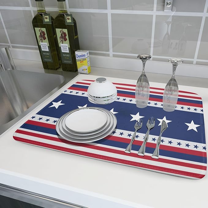 4th of July Dish Drying Mat For Kitchen Counter Independence Day Patriotic Star Stripes Memorial Day Microfiber Absorbent Drying Mats Reversible Kitchen Countertop Drainer Pad 18x24 Inch