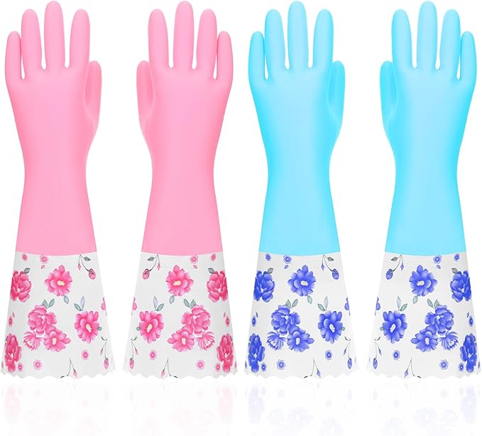 2 Pairs Rubber Cleaning Gloves Household Kitchen Dishwashing Gloves Long Cuff Glove with Cotton Flocked Liner Reusable Waterproof Non-Slip Household Glove for Bathroom Laundry Gardening Gift for Mom