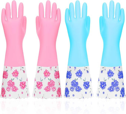 2 Pairs Rubber Cleaning Gloves Household Kitchen Dishwashing Gloves Long Cuff Glove with Cotton Flocked Liner Reusable Waterproof Non-Slip Household Glove for Bathroom Laundry Gardening Gift for Mom