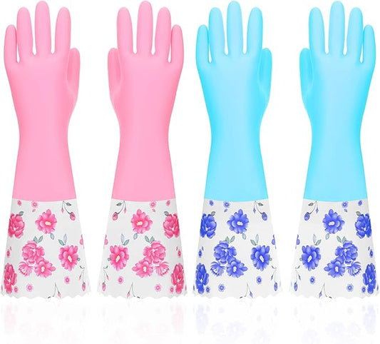 2 Pairs Rubber Cleaning Gloves Household Kitchen Dishwashing Gloves Long Cuff Glove with Cotton Flocked Liner Reusable Waterproof Non-Slip Household Glove for Bathroom Laundry Gardening Gift for Mom