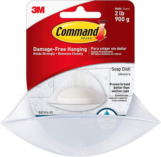 Command Soap Dish, 2-Pack of 1 Soap Holder, 2 Mounting Bases and 2 Medium Water Resistant Strips, 3.18" x 4.4" x 4.94", Damage Free Bathroom Organization, Holds up to 2 lb