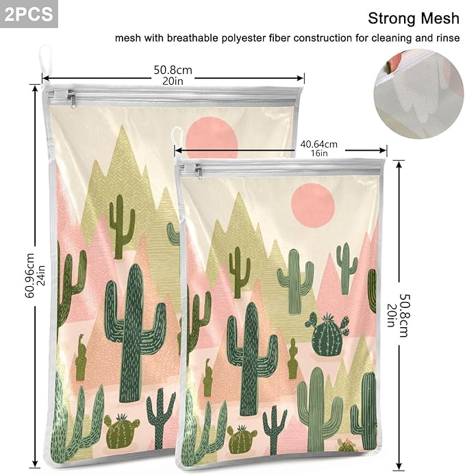 Mesh Laundry Bags Lingerie Bags for Washing Delicates 2 PCS Durable Wash Bag with Zipper Small and Medium Washable Boho Cacti Mountains Sun