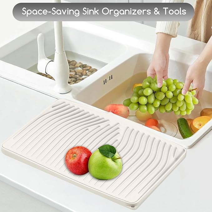 Large Premium Silicone Dish Drying Mat for Kitchen Counter - 18.5"x13" Non-Slip, Heat-Resistant (450°F) with Fast Drain & Hanging Hole, Multi-Use Kitchen Sink Drying Mat (Cream White)