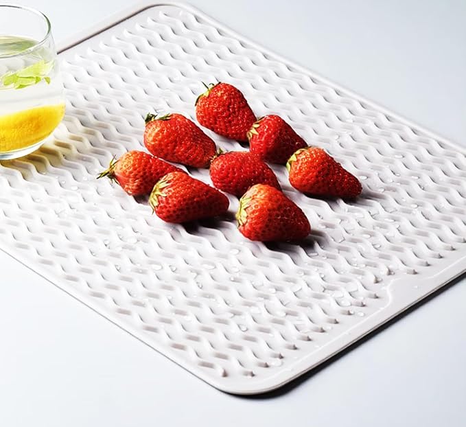 Silicone Dish Drying Mat for Multiple Usage, Easy clean, Eco-friendly, Heat-resistant Dish Drainer Mat for Kitchen Counter,Sink,Refrigerator or Drawer liner (18" x 16", White)
