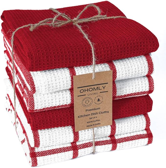Assorted Waffle Kitchen Towels 100% Cotton Set of 6 - Heavy Duty 320 GSM Quality Dish Cloths - Soft Absorbent Washable for Kitchen Use - Quick Drying Dish Towel 16x26 inch Red