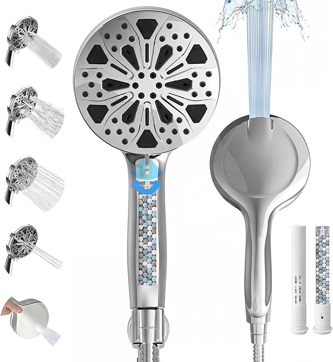 High Pressure Handheld Shower Head, 5" Large 10-Mode Filtered Showerhead with 59" Stainless Steel Hose, Hard Water Filter, Detachable Sprayer for Bath