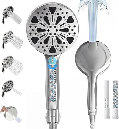 High Pressure Handheld Shower Head, 5" Large 10-Mode Filtered Showerhead with 59" Stainless Steel Hose, Hard Water Filter, Detachable Sprayer for Bath