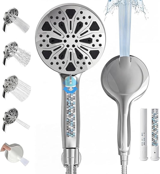 High Pressure Handheld Shower Head, 5" Large 10-Mode Filtered Showerhead with 59" Stainless Steel Hose, Hard Water Filter, Detachable Sprayer for Bath