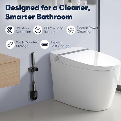 EKZ Electric Toilet Brush with UV Stain Detection, High-Torque Power, Dual-Speed (80/200 RPM), Splash-Resistant Silicone Scrubber Head, Hygienic Wall-Mount Holder, Type-C Rechargeable, Black