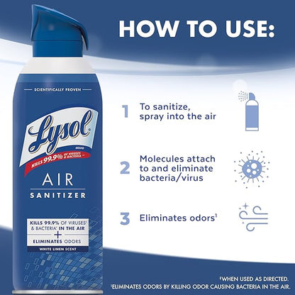 Lysol Air Sanitizer Spray with Bacterial Odor Eliminator for Home & Office, Sanitizing Air Spray, Air Freshener Alternative, White Linen Scent, 10 oz (Pack of 3)