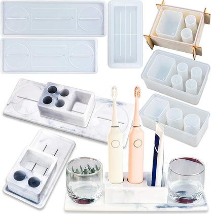 Toothbrush Holder Epoxy Resin Silicone Molds Set for Cement Concrete Polymer Clay Bathroom Storage Organizer Tray 6-Count