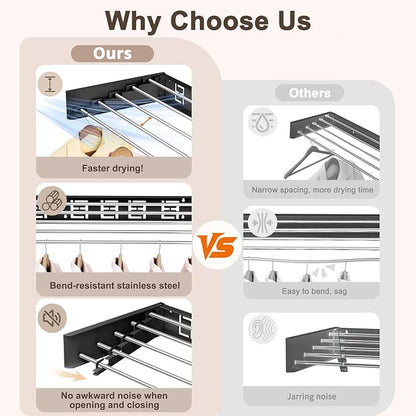 Wall Mounted Clothes Drying Rack Folding Indoor, Foldable Laundry Drying Rack Collapsible,Invisible, Space Saving, Retractable Towel Drying Rack, with Wall Template(6 Drying Rods, Black 40")