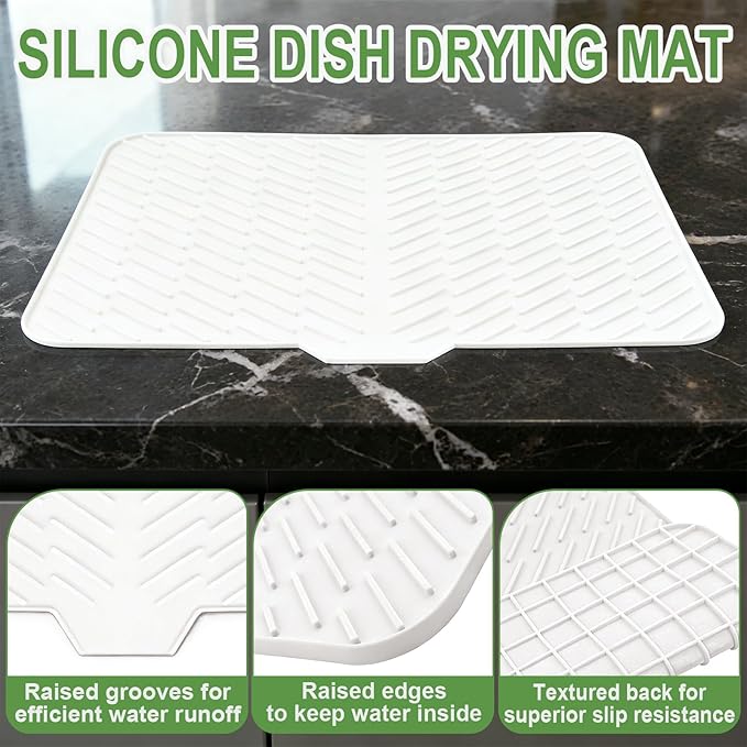 Silicone Drying Mat, 23"X17" With Built-in Drain Lip,Heat-Resistant,Eco-friendly,Hygienic Drying Pad,Leak-Proof and Non-Slip,Silicone Dish Drying Mat for Kitchen Counter or Sink（White 23X17）