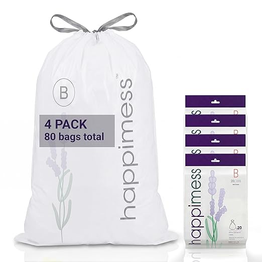 happimess 5.3 Gallon (20L) Drawstring Trash Bags, Lavender Scent, White, Heavy Duty MDPE Liners for Kitchen and Household, Odor Control, Custom Fit 80 Count (4 Packs of 20 Liners) HPM3101B-W-4SET