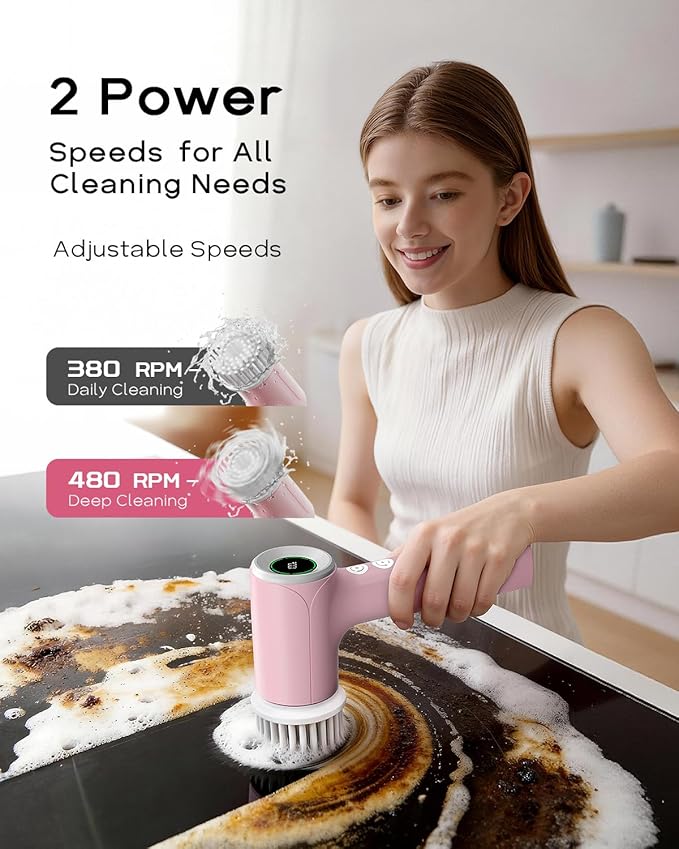 PUFTEM Upgraded Electric Spin Scrubber, Powerful Cordless Shower Scrubber with 4500mAh Large Battery & Speed Display, 6 Replaceable Brush Heads, Cleaning Brush for Bathroom Tile Tub Floor (Pink)