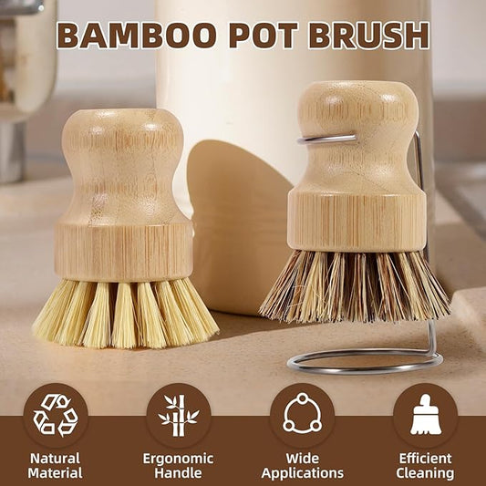 6-Piece Bamboo Dish Brush Set with Fast-Dry Stainless Steel Holder,3xNatural Sisal Bristle Brush & 1xPalm Bristle Kitchen Cleaning Brushes for Dishes, Pots, Pans & Sink