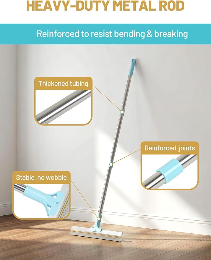Carpet Rake for Pet Hair Removal: DELOMO Carpet Broom Scraper with 54” Adjustable Long Handle, Dual-Sided, Metal + Short Silicone for Carpets & Rugs, Extended Silicone for Shag Rugs & Hard Floors