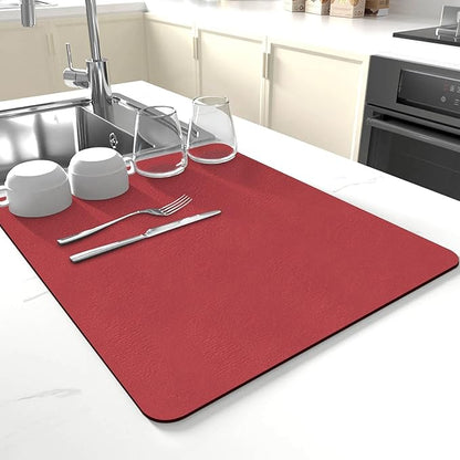 Dish Drying Mat for Kitchen Counter,Drying Mat for Dish Rack,Absorbent Hide Stain Rubber Mat,Coffee Mat, Kitchen Counter Mat (Red, 18"x24")