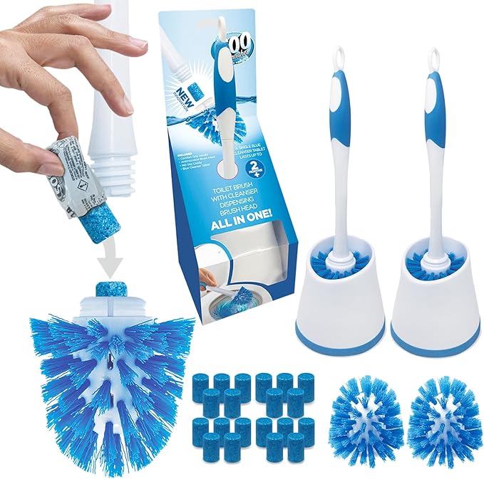 LOLA Self Dispensing Toilet Brush System, 2 Nylon Bristle Cleaning Wands w/ 20 Long-Lasting Concentrated Cleaner Tablets, 4 Refillable Heads 2 Caddies, No Liquid Cleaner Needed, Refillable & Reusable