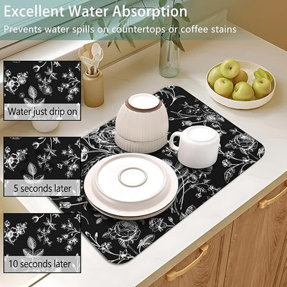 Dish Drying Mat for Kitchen Counter 2 Pack with Non-Slip Rubber Backing - Heat-Resistant Absorbent Coffee Bar Mat, Dish Rack Mat, Black Flower Dish Drying Mats 18x24+19.5x12 inch