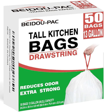 BEIDOU-PAC Trash Bags 13 Gallon Drawstring, 50 Count Garbage Bags, Tall Kitchen Trash Bags, Odorless & Extra Strength White Plastic Food Scrap Bag for Home Office Bathroom Kitchen Bins