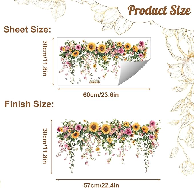 Sunflower Wall Stickers Vinyl Flower Wall Decals Peel and Stick Wall Murals Art Decor Wallpaper for Girls Bedroom Living Room Kitchen Tv Background