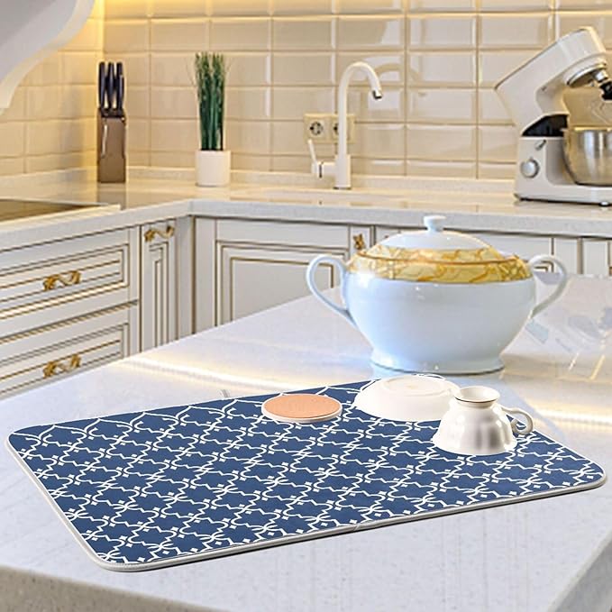 Super Absorbent Dish Drying Mat Microfiber Fast-Drying Dish Mat 16" x 18" Kitchen Dish Drying Pad Watercolor Cute Navy Blue Moroccan