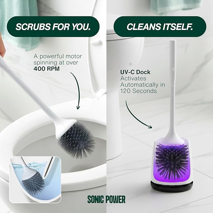 Electric Toilet Brush & Scrubber – Self Cleaning Silicone Toilet Bowl Brush with UVC Light, Rechargeable Wireless Spinning Toilet Brush & Holder Set, Wall Mount or Floor Standing (2 Pack)
