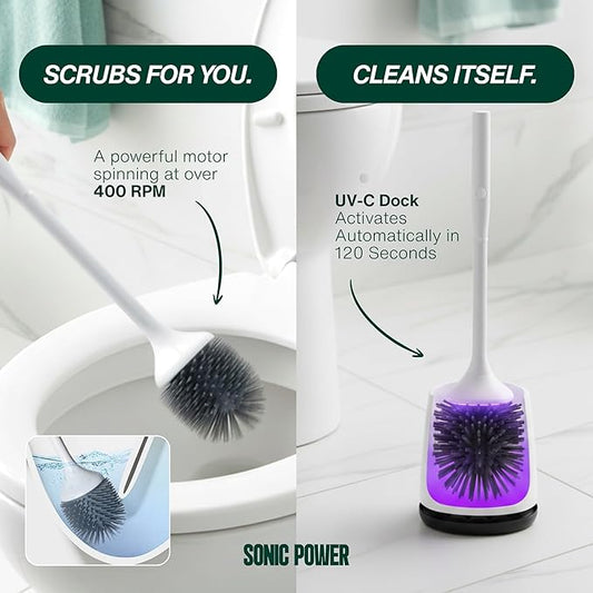 Electric Toilet Brush & Scrubber – Self Cleaning Silicone Toilet Bowl Brush with UVC Light, Rechargeable Wireless Spinning Toilet Brush & Holder Set, Wall Mount or Floor Standing (2 Pack)