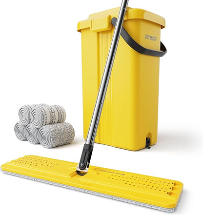 JOYMOOP Industrial Mop and Bucket Set, 17.7-inch Dust Mops for Floor Cleaning, Flat Mop Bucket with Wringer, Include 5 Reusable Microfiber Mop Pads - Yellow