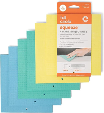 Full Circle Squeeze Swedish Dish Cloths – 6 Pack Reusable Cellulose Sponge Cloths, Super Absorbent Microfiber Cleaning Towels, Paper Towel Alternative, Color-Coded, Eco-Friendly, & Dishwasher Safe