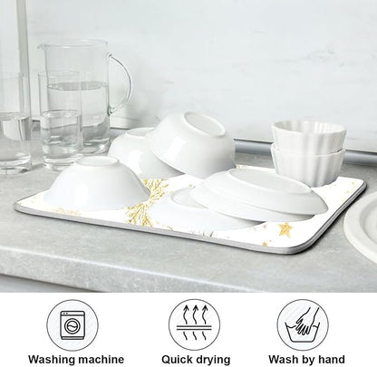 Winter Snowflake White Dish Drying Mat for Kitchen Countertop 16x18 Christmas Snow Golden Xmas Small Drying Mat Reusable Quick Dry Dish Sink Mats Easy Clean Decorative Essentials