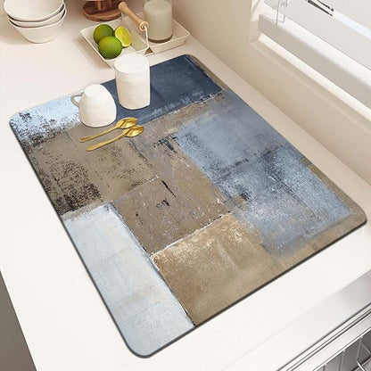 MCALK Brown Dish Drying Mat for Kitchen Counter, Dark Grey Dish Drying Pad with Anti-Slip Rubber Base, Absorbent Kitchen Sink Mat with Abstract Art Decor (1 pc 18" x 16")