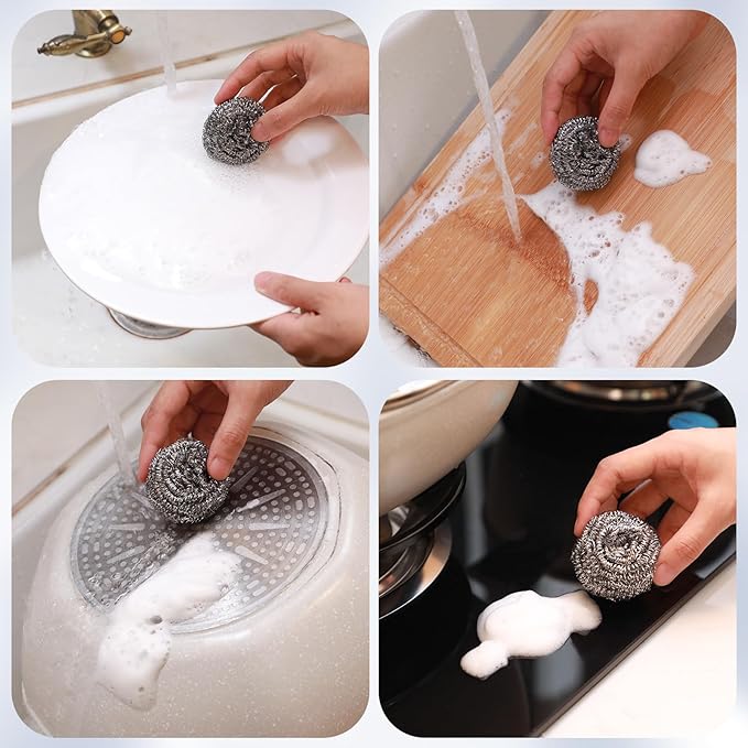 60 Pcs Stainless Steel Wool Scrubber Bulk Steel Wool Sponges Pack Metal Dishwashing Wire Scouring Pads Heavy Duty Clean Dish Pot Pan and Oven for Cleaning Kitchen Bathrooms and More