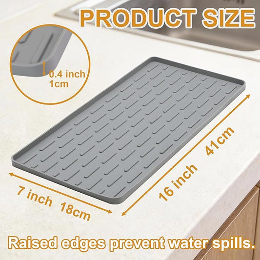 Silicone Coffee Mat, 16"X7" Heat-Resistant,Eco-friendly,Hygienic Drying Pad,Leak-Proof and Non-Slip,Removable Silicone Mat with Concave and Convex Design,（Gray 16X7）