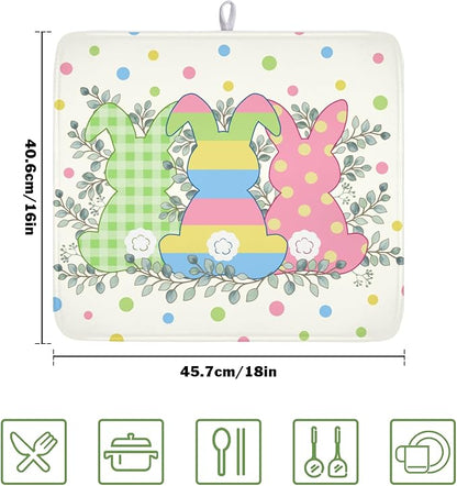 Easter Bunny Dish Drying Mat for Kitchen Counter Cute Rabbit Colorful Polka Dots Pattern Drying Mat 16x18 Inch Spring Holiday Absorbent Dish Drainer Mat Kitchen Accessories