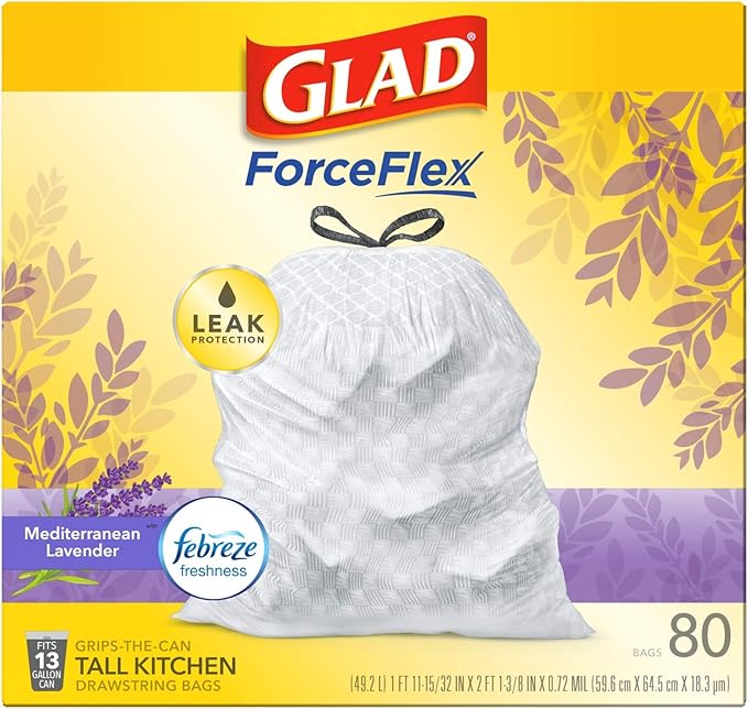 Glad ForceFlex Tall Kitchen Trash Bags, 13 Gallon, Gain Lavender, 80 Count (Package May Vary)