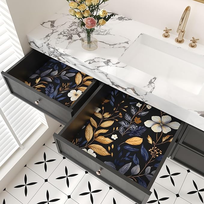 Laatse Blue/Gold Leaf Wallpaper Peel and Stick Vintage Dark Floral Wallpaper Waterproof Self Adhesive Removable Boho Wall Paper Modern for Bedroom Walls Drawer Cabinet 17.5in x118in