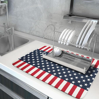4th of July Dish Drying Mat For Kitchen CounterPatriotic American Flag Star Stripes Microfiber Absorbent Drying Mats Reversible Kitchen Countertop Drainer Pad 18x24 Inch
