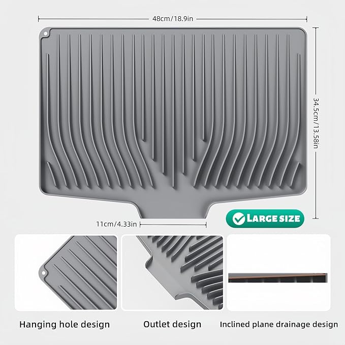 CIEO Silicone Dish Drying Mat for Kitchen Counter, Slope Fast Self-Draining, Non-Slip Drain Pad, Easy Clean Countertop Protection Mat, Multiple Use for Dishes Drying Rack（19"x 14",Gray）