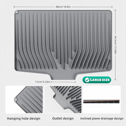 CIEO Silicone Dish Drying Mat for Kitchen Counter, Slope Fast Self-Draining, Non-Slip Drain Pad, Easy Clean Countertop Protection Mat, Multiple Use for Dishes Drying Rack（19"x 14",Gray）