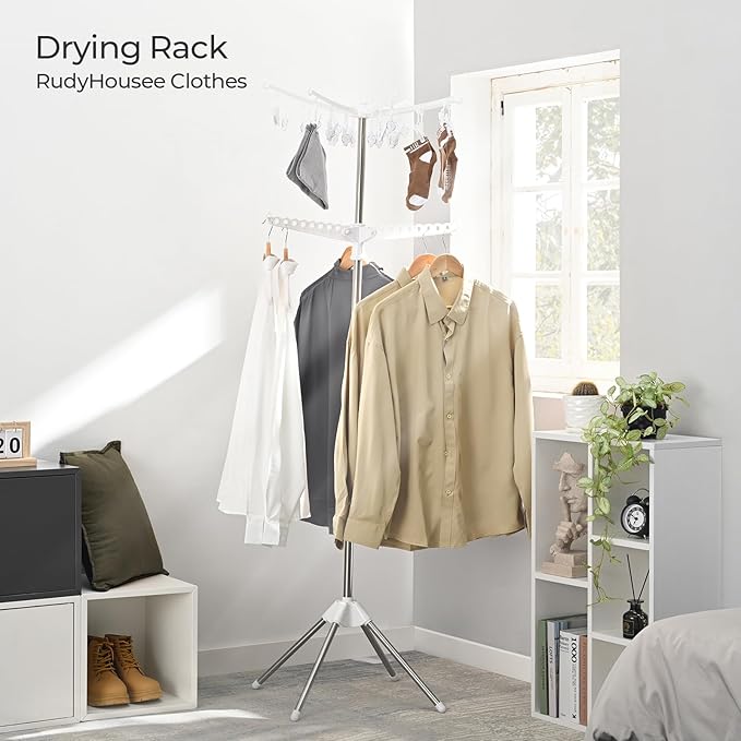 Clothes Drying Rack, 72 Inch Tripod Laundry Drying Rack 2 Tier, Folding Steamer Stand, Garment Rack for Hangers, for Saving Sapce, Clothes Storage, Metal Frame, Indoor Outdoor, White