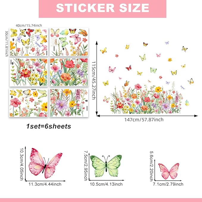 Wildflower Butterfly Wall Stickers Colorful Floral Garden Decals Watercolor Peel and Stick Decor for Kids Room Bedroom Home Decoration