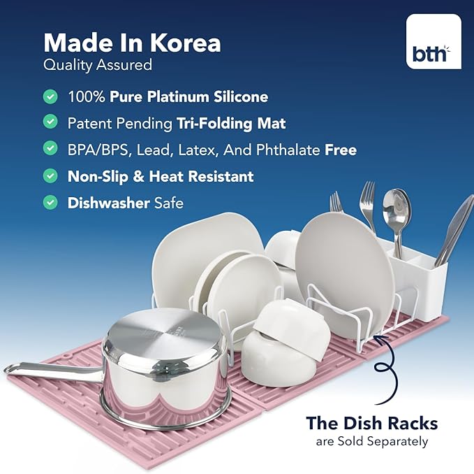 BTH 24" Extra Wide Foldable Dish Drying Mat for Kitchen Countertop, Made In Korea, Heat-resistant Premium Non-slip Silicone Mat, Large Dish Drainer Mat, Compact Folding Sink Liner Dishwasher Safe