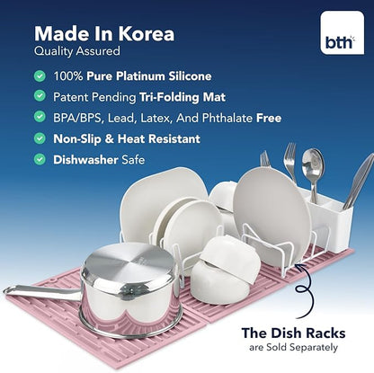 BTH 24" Extra Wide Foldable Dish Drying Mat for Kitchen Countertop, Made In Korea, Heat-resistant Premium Non-slip Silicone Mat, Large Dish Drainer Mat, Compact Folding Sink Liner Dishwasher Safe