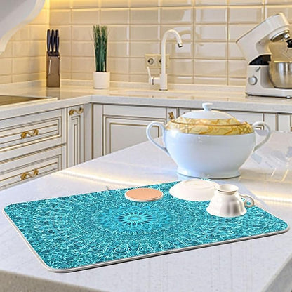 Super Absorbent Dish Drying Mat Microfiber Fast-Drying Dish Mat 16" x 18" Kitchen Dish Drying Pad Mandala Turquoise Teal Blue Green